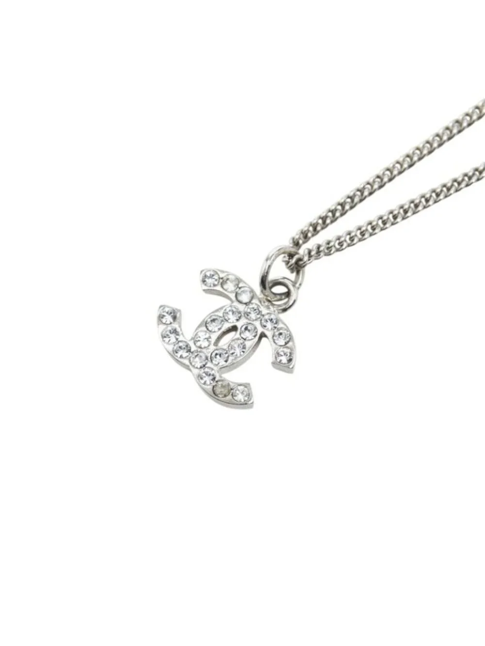 Chanel CC Logo Necklace Silver Metal Rhinestone